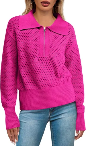 Women's Half Zip Pullover Sweaters Crochet Lapel Collar Long Sleeve Knit Solid Color Jumper Tops