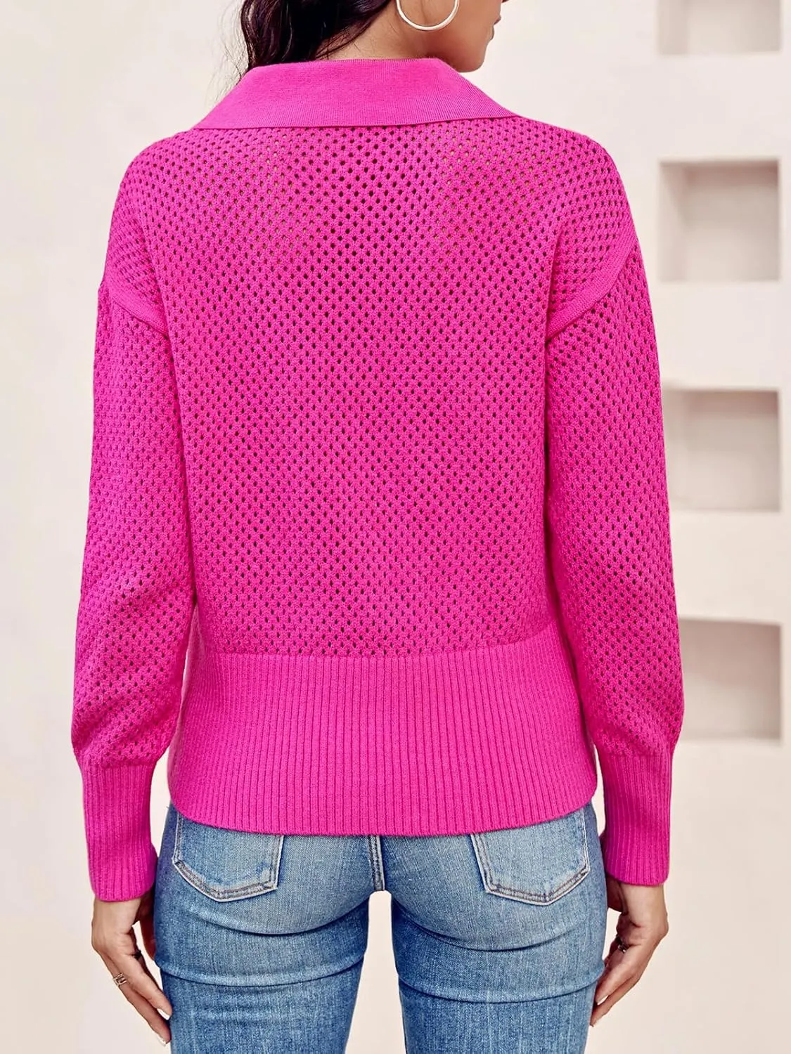 Women's Half Zip Pullover Sweaters Crochet Lapel Collar Long Sleeve Knit Solid Color Jumper Tops