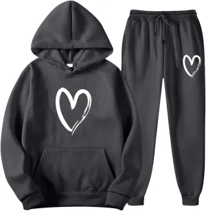Women's Heart Print Fleece 2 Piece Outfits Sweatsuits Pullover Hoodie Sweatshirt and Jogger Pants Tracksuits Set