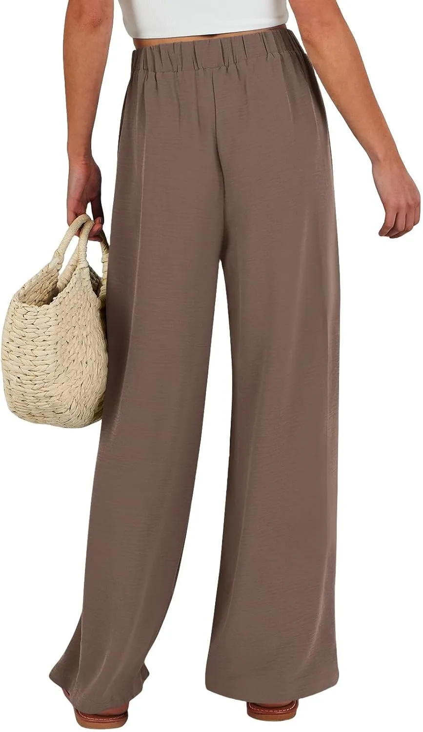 Women's High Waisted Wide Leg Flowy Pants Solid Color Tie Knot Palazzo Pants Casual Loose Beach Trousers with Pockets