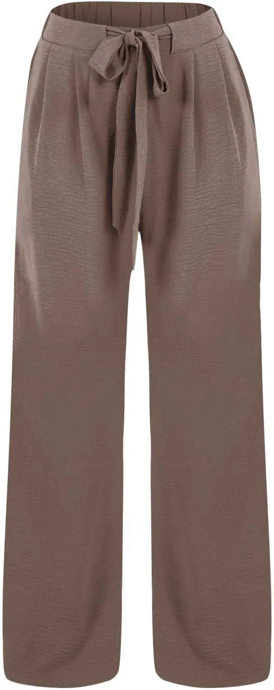 Women's High Waisted Wide Leg Flowy Pants Solid Color Tie Knot Palazzo Pants Casual Loose Beach Trousers with Pockets