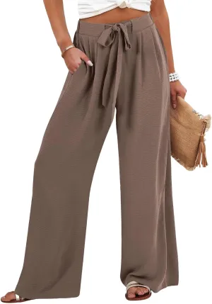 Women's High Waisted Wide Leg Flowy Pants Solid Color Tie Knot Palazzo Pants Casual Loose Beach Trousers with Pockets
