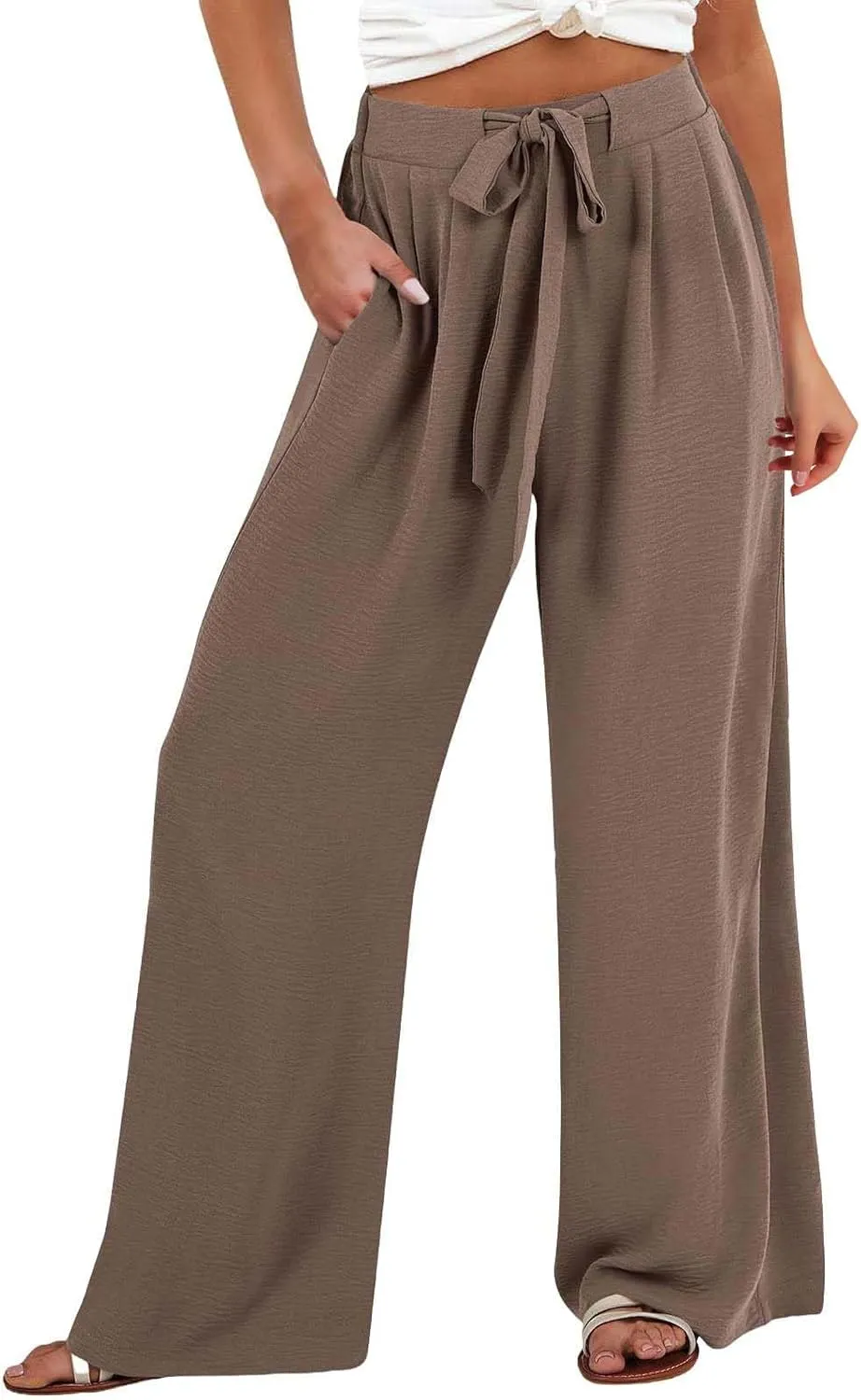 Women's High Waisted Wide Leg Flowy Pants Solid Color Tie Knot Palazzo Pants Casual Loose Beach Trousers with Pockets