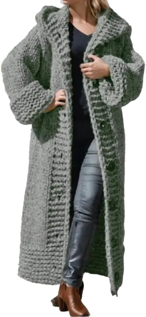 Womens Knitted Cardigan Sweaters Button up Hooded Cardigan Autumn Winter Chunky Long Sweater Open Front Coat Outerwear