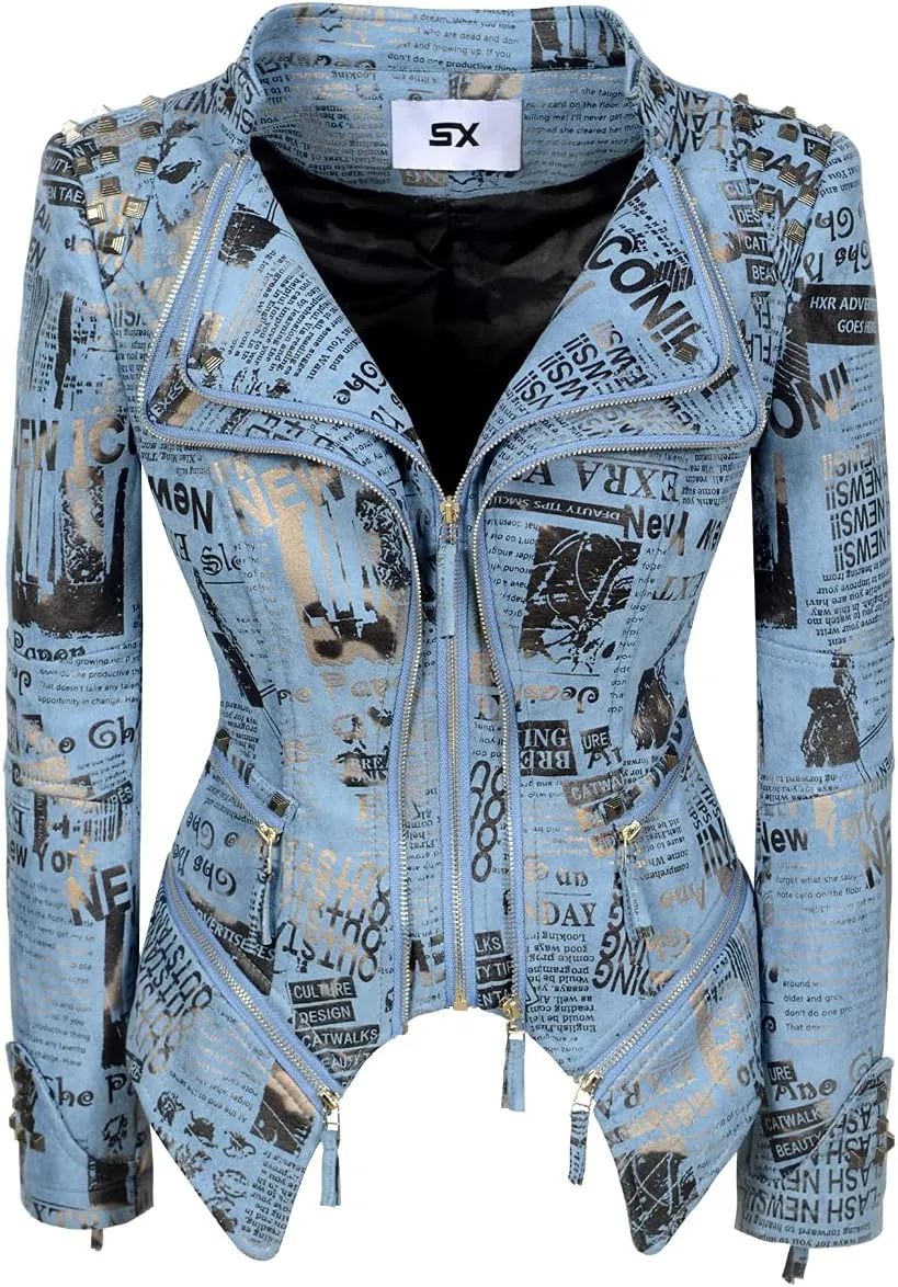 Women's Lapel Swallow Tail jacket Fashion Studded Perfectly Shaping Denim jacket Biker Jacket