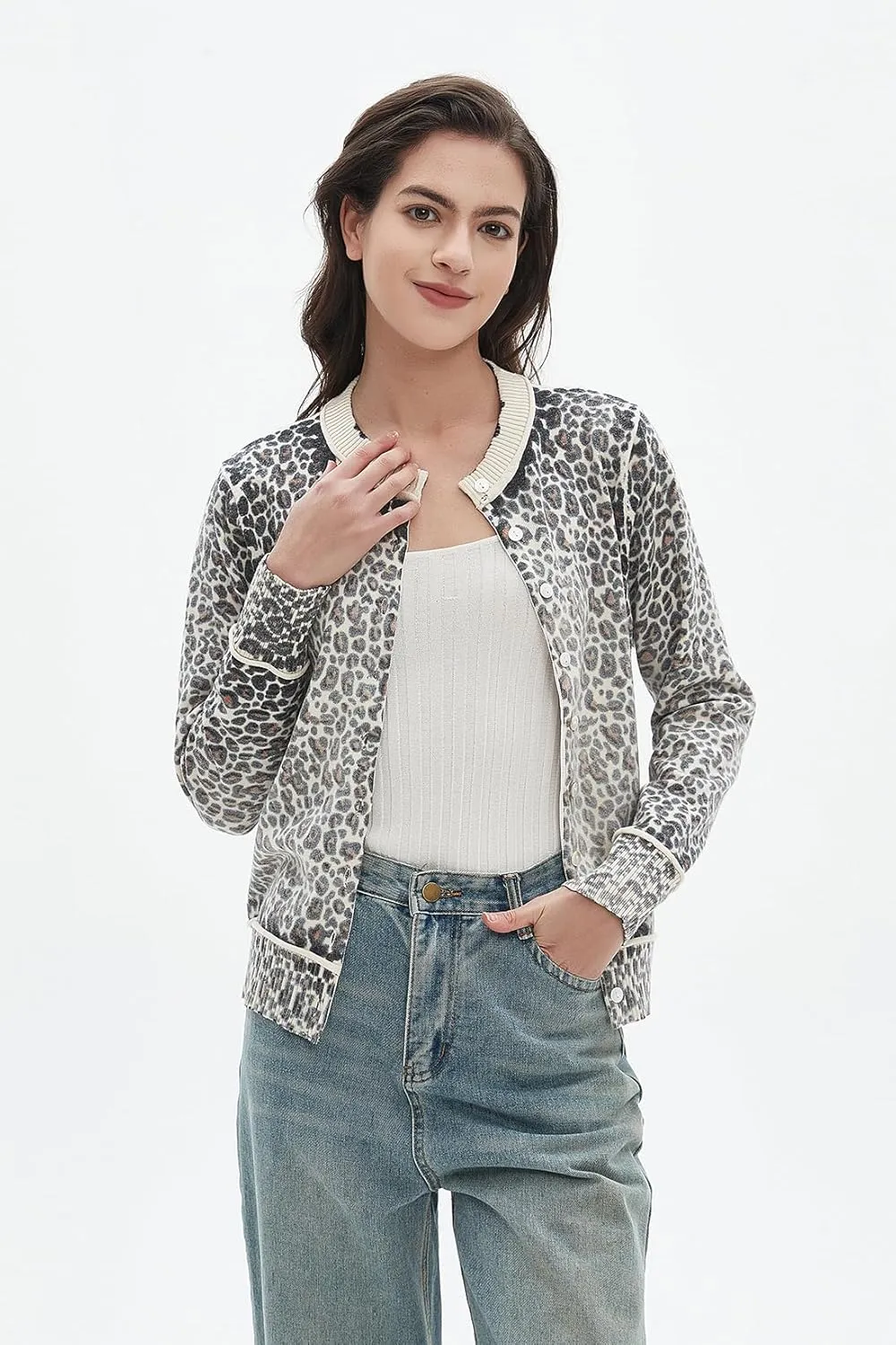 Women's Leopard Knit Cardigan Cropped Front Button Sweater Long Sleeves Casual Crewneck Cardigan Sweater Outerwear