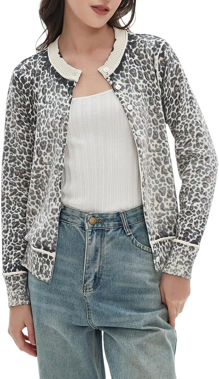 Women's Leopard Knit Cardigan Cropped Front Button Sweater Long Sleeves Casual Crewneck Cardigan Sweater Outerwear