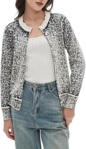 Women's Leopard Knit Cardigan Cropped Front Button Sweater Long Sleeves Casual Crewneck Cardigan Sweater Outerwear