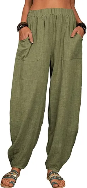 Women's Linen Blend Summer Flowy Palazzo Pants Elastic Waist Bootcut Plus Size Pant Trousers Travel