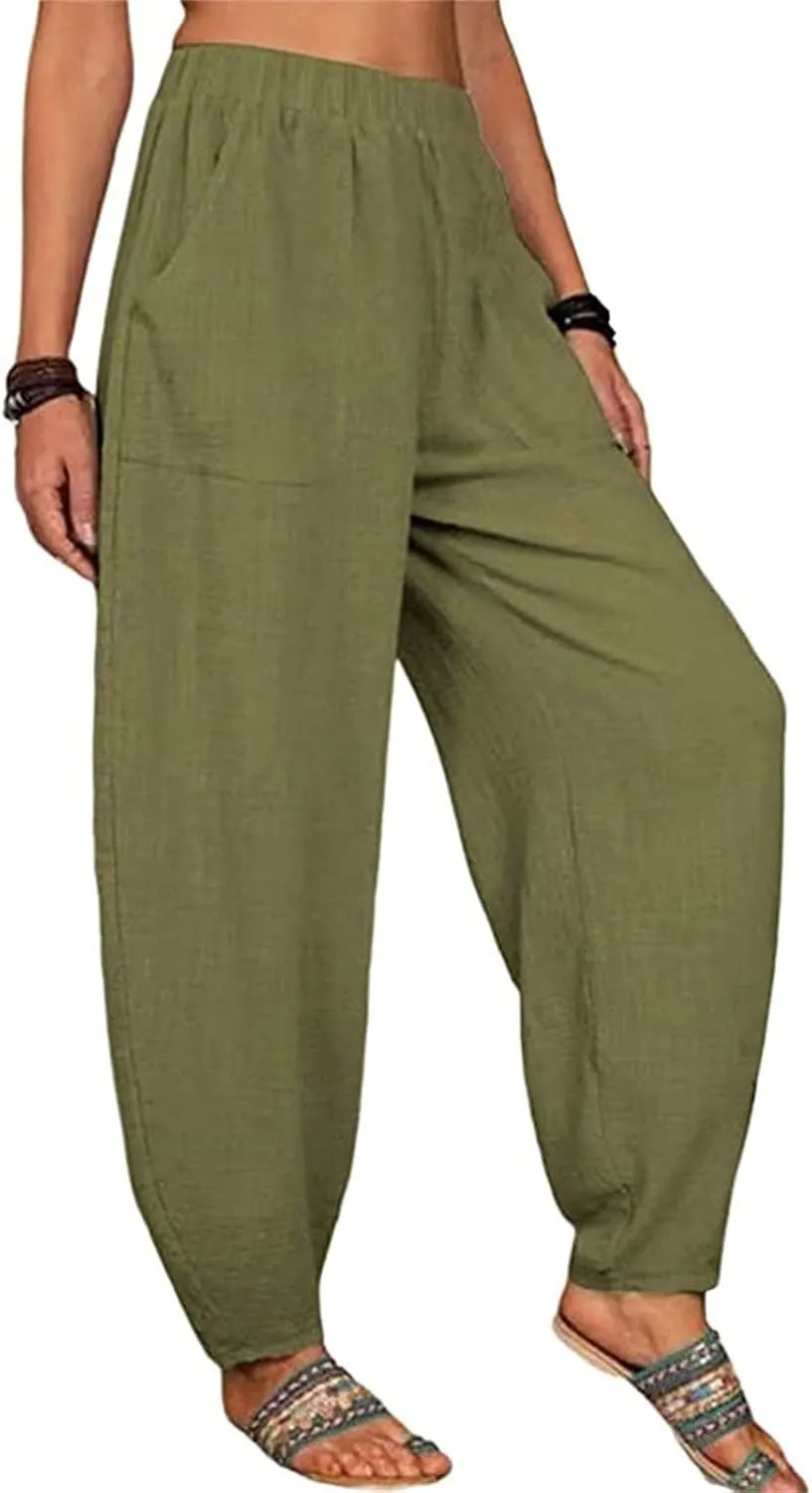 Women's Linen Blend Summer Flowy Palazzo Pants Elastic Waist Bootcut Plus Size Pant Trousers Travel