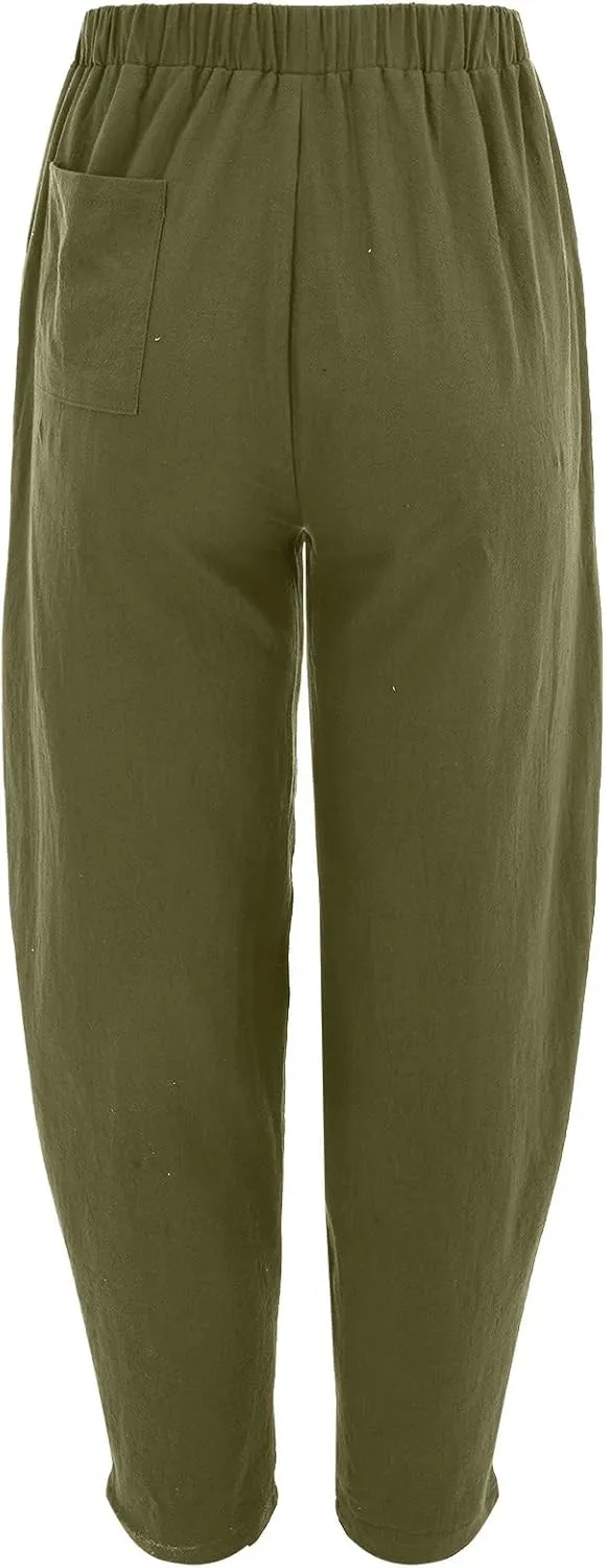 Women's Linen Blend Summer Flowy Palazzo Pants Elastic Waist Bootcut Plus Size Pant Trousers Travel
