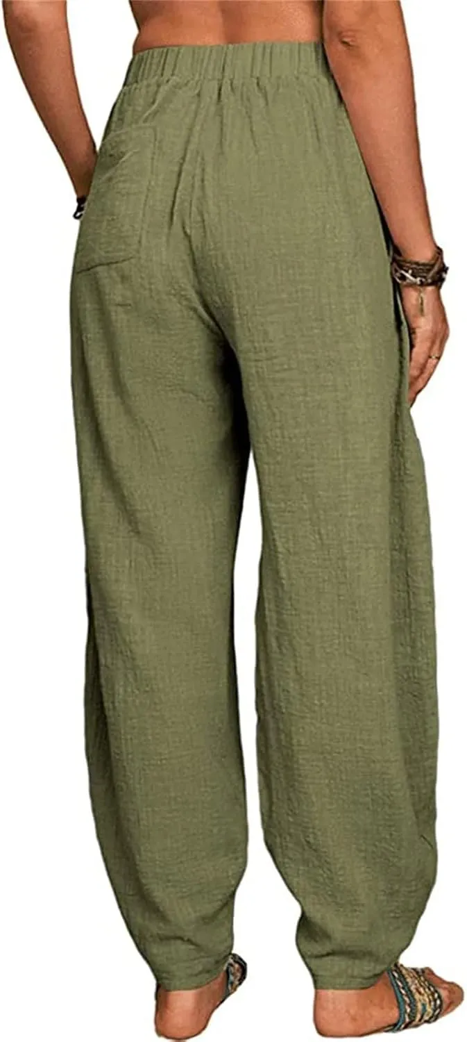 Women's Linen Blend Summer Flowy Palazzo Pants Elastic Waist Bootcut Plus Size Pant Trousers Travel