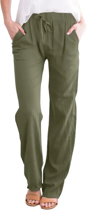 Women's Linen Capri Pants Elastic Pants Long Drawstring Linen Women Waist Comfy Gauze Casual Lightweight Loose