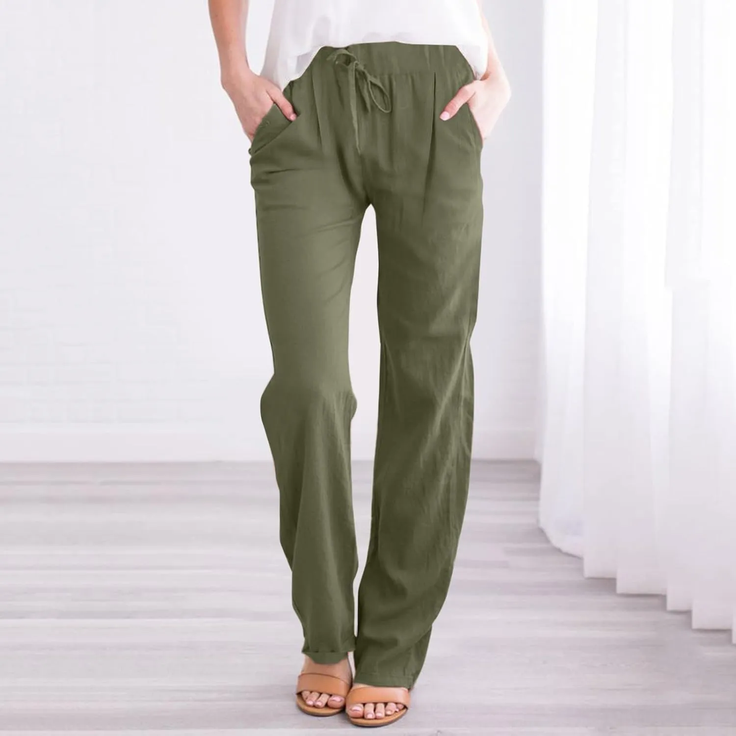 Women's Linen Capri Pants Elastic Pants Long Drawstring Linen Women Waist Comfy Gauze Casual Lightweight Loose