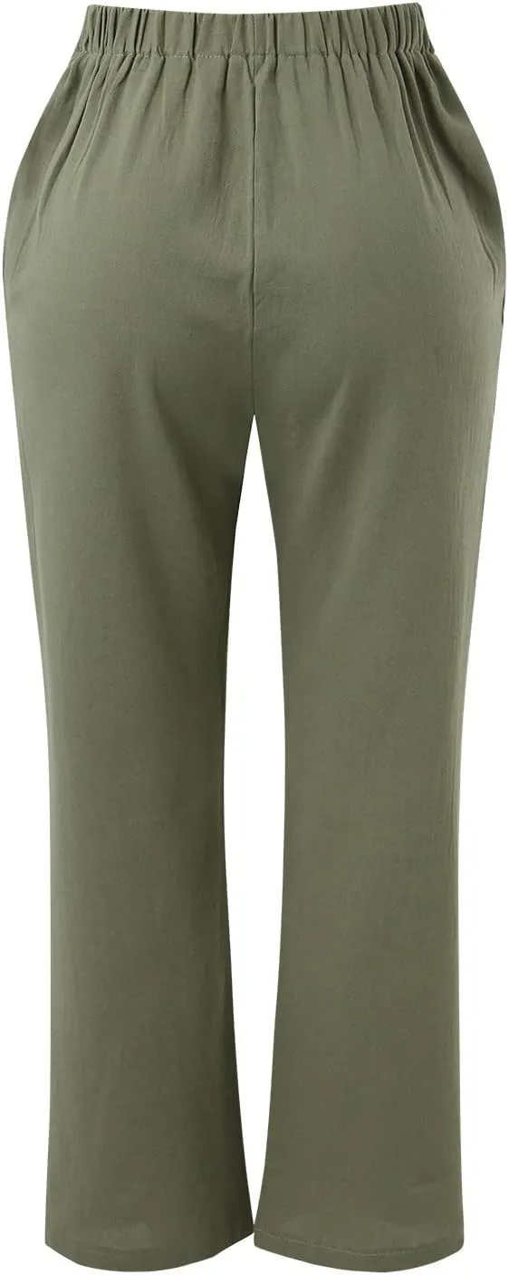 Women's Linen Capri Pants Elastic Pants Long Drawstring Linen Women Waist Comfy Gauze Casual Lightweight Loose