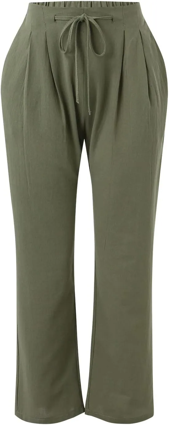 Women's Linen Capri Pants Elastic Pants Long Drawstring Linen Women Waist Comfy Gauze Casual Lightweight Loose