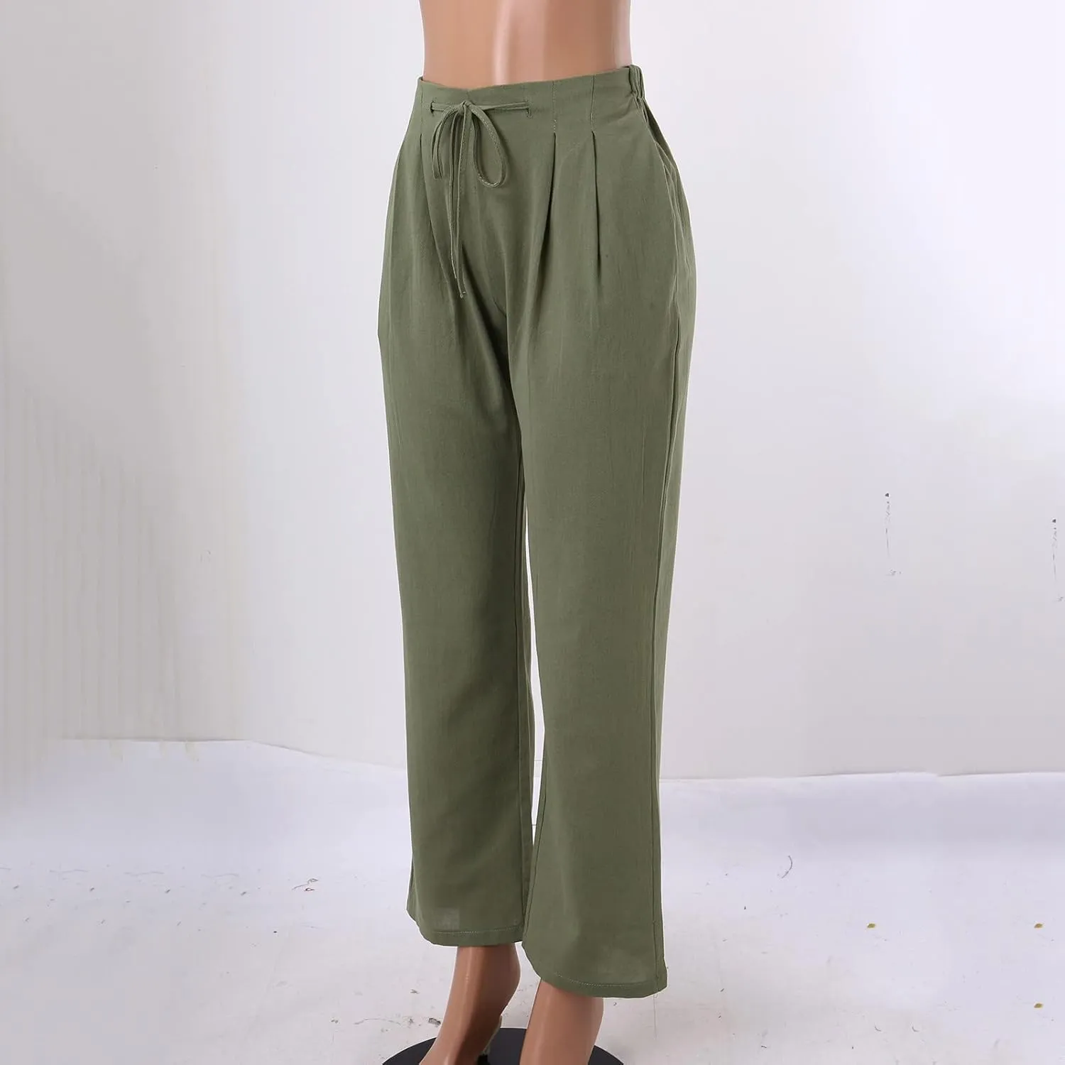 Women's Linen Capri Pants Elastic Pants Long Drawstring Linen Women Waist Comfy Gauze Casual Lightweight Loose