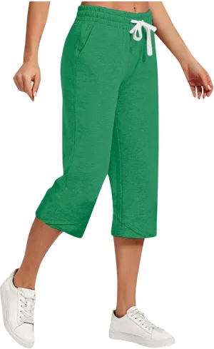 Women's Linen Capris Drawstring Knee High Loose Fitting Cropped Trouser Straight Wide Leg Pocketed Pant Casual 2025