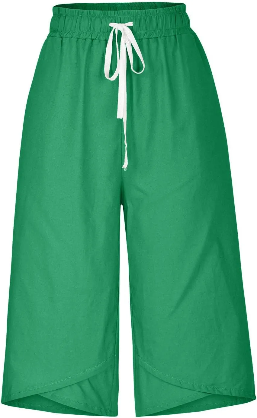 Women's Linen Capris Drawstring Knee High Loose Fitting Cropped Trouser Straight Wide Leg Pocketed Pant Casual 2025