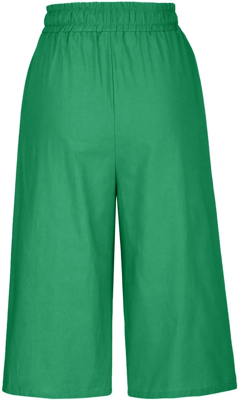 Women's Linen Capris Drawstring Knee High Loose Fitting Cropped Trouser Straight Wide Leg Pocketed Pant Casual 2025