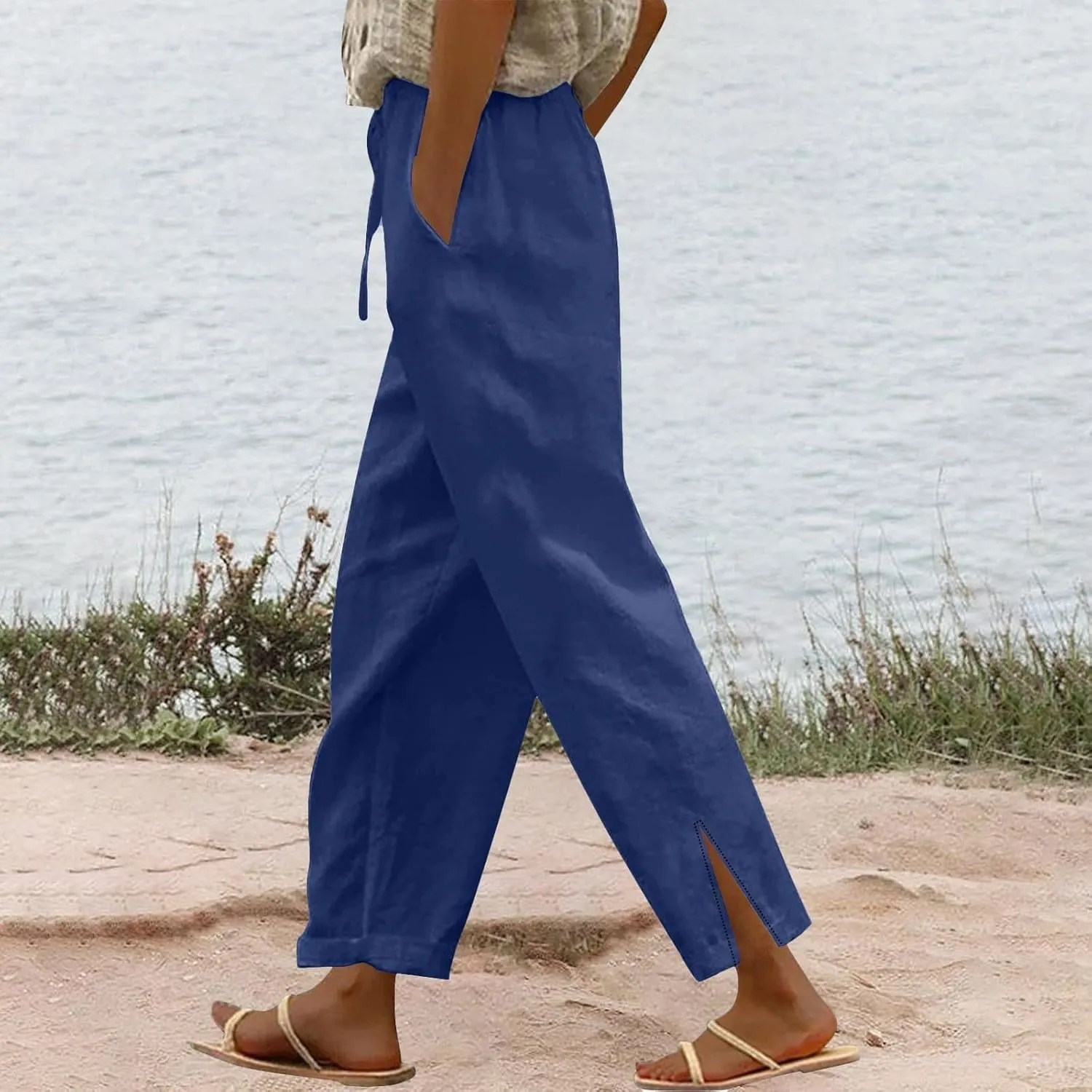 Women's Linen Cotton Pants Summer High Waisted Straight Casual Flowy Wide Leg Drawstring Trousers with Pockets