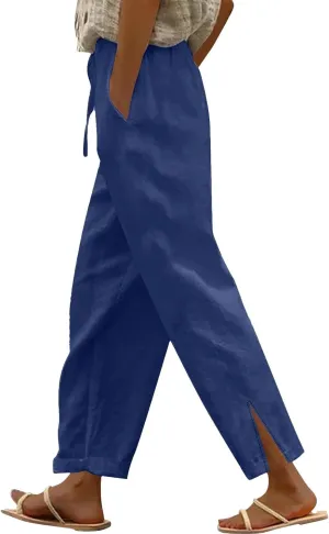Women's Linen Cotton Pants Summer High Waisted Straight Casual Flowy Wide Leg Drawstring Trousers with Pockets