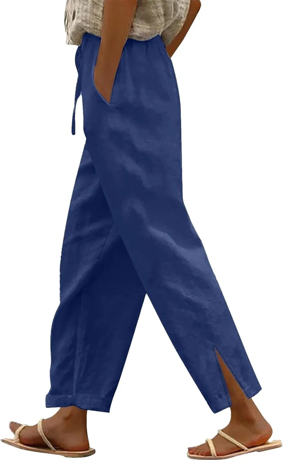 Women's Linen Cotton Pants Summer High Waisted Straight Casual Flowy Wide Leg Drawstring Trousers with Pockets