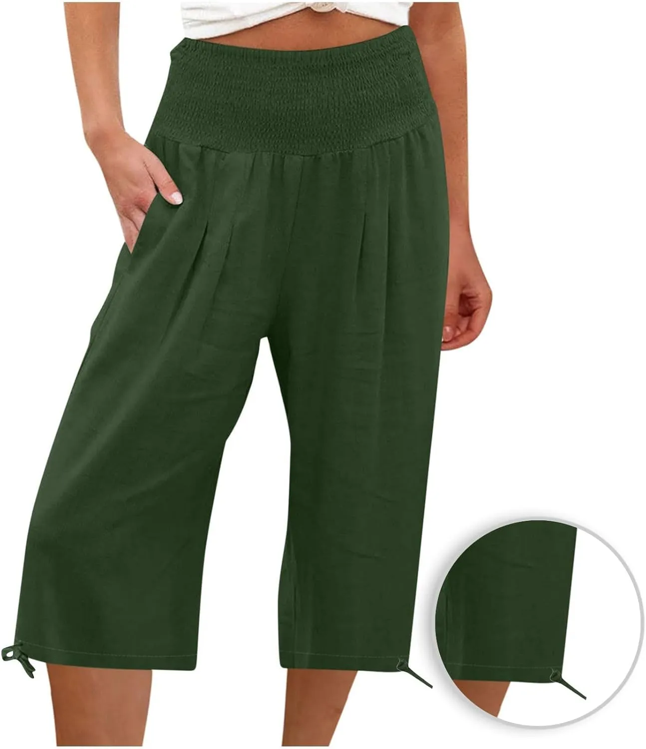 Women's Linen Palazzo Capris Loose 2025 Wide Leg Elastic High Waisted Straight Leg Pant Pocketed Flared Trousers