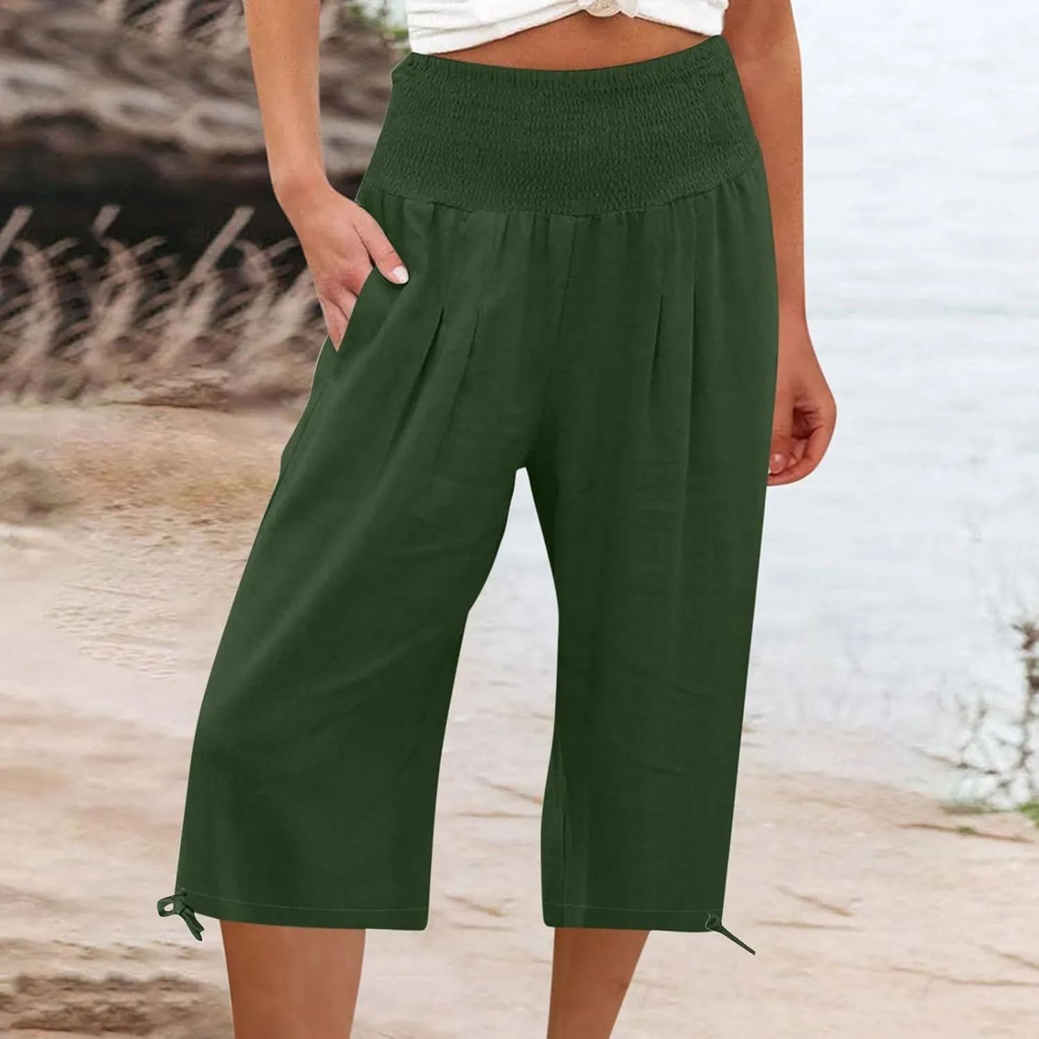 Women's Linen Palazzo Capris Loose 2025 Wide Leg Elastic High Waisted Straight Leg Pant Pocketed Flared Trousers