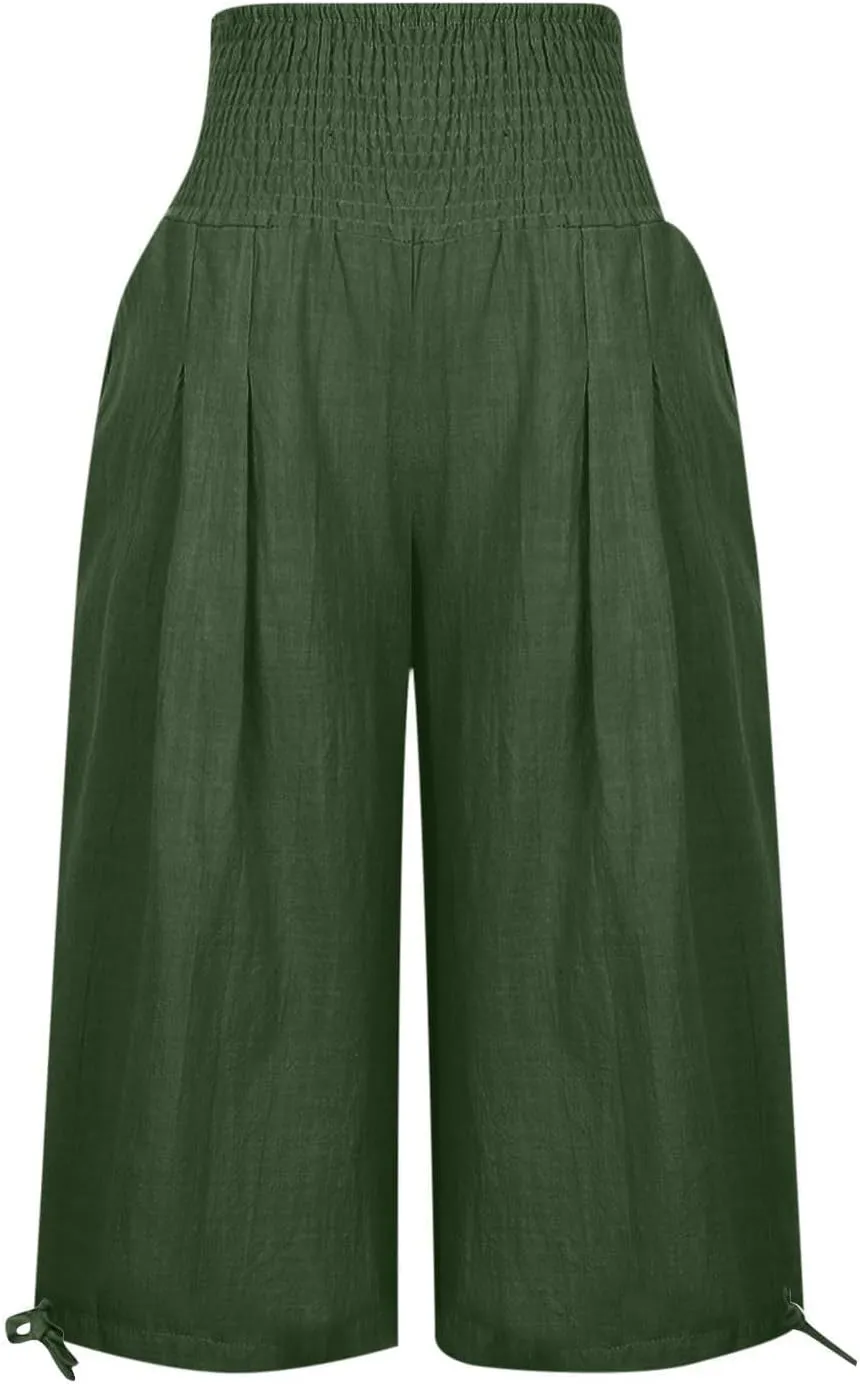 Women's Linen Palazzo Capris Loose 2025 Wide Leg Elastic High Waisted Straight Leg Pant Pocketed Flared Trousers