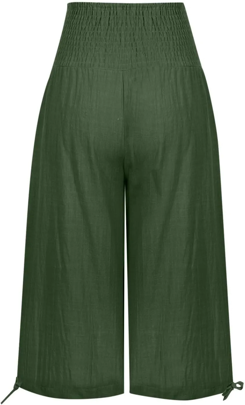 Women's Linen Palazzo Capris Loose 2025 Wide Leg Elastic High Waisted Straight Leg Pant Pocketed Flared Trousers