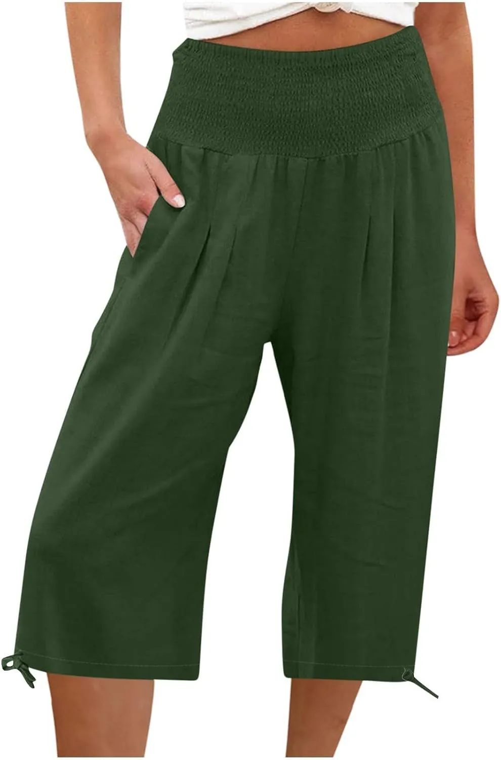 Women's Linen Palazzo Capris Loose 2025 Wide Leg Elastic High Waisted Straight Leg Pant Pocketed Flared Trousers
