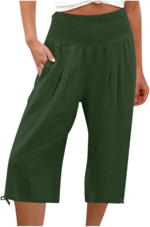 Women's Linen Palazzo Capris Loose 2025 Wide Leg Elastic High Waisted Straight Leg Pant Pocketed Flared Trousers