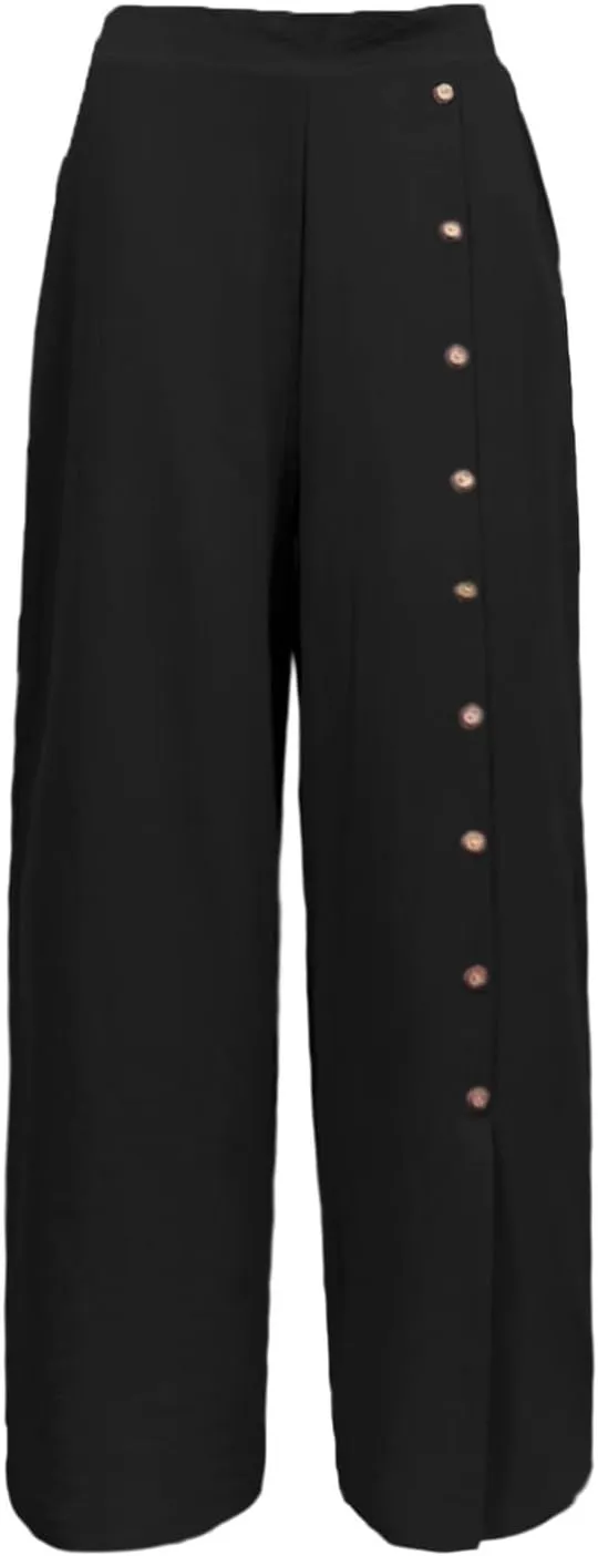 Womens Linen Palazzo Pants 2024 Summer Wide Leg Button Up Trousers Casual Loose Fit Trendy Lounge Pants with Pockets