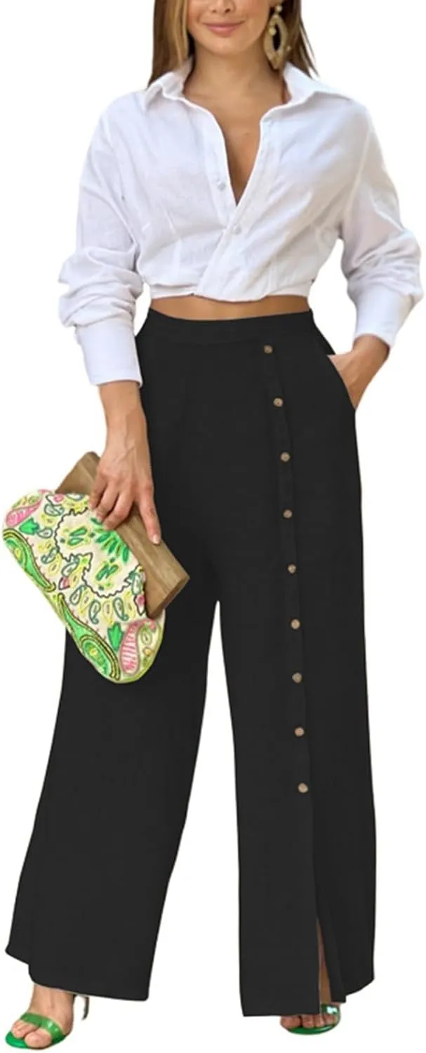 Womens Linen Palazzo Pants 2024 Summer Wide Leg Button Up Trousers Casual Loose Fit Trendy Lounge Pants with Pockets