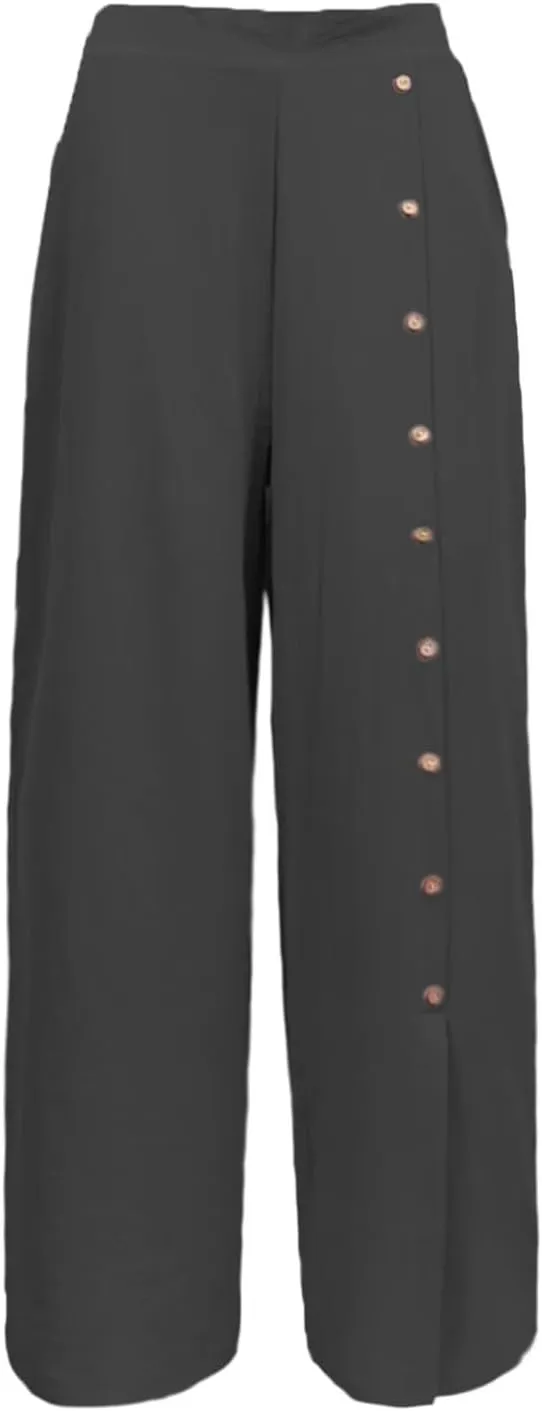 Womens Linen Palazzo Pants 2024 Summer Wide Leg Button Up Trousers Casual Loose Fit Trendy Lounge Pants with Pockets
