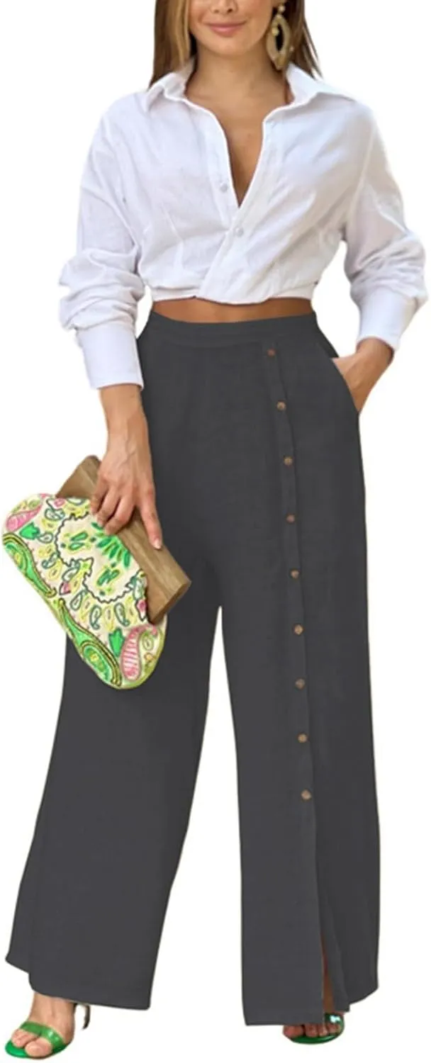 Womens Linen Palazzo Pants 2024 Summer Wide Leg Button Up Trousers Casual Loose Fit Trendy Lounge Pants with Pockets