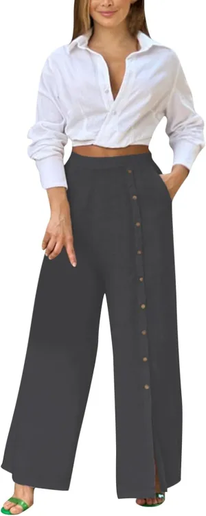 Womens Linen Palazzo Pants 2024 Summer Wide Leg Button Up Trousers Casual Loose Fit Trendy Lounge Pants with Pockets