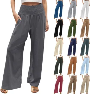Women's Linen Palazzo Pants 2025 Summer Casual Loose Wide Leg Lounge Pants Beach Travel Vacation Outfits