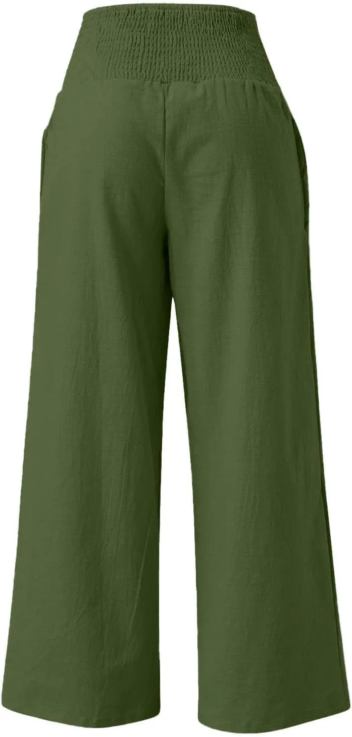 Women's Linen Palazzo Pants 2025 Summer Casual Loose Wide Leg Lounge Pants Beach Travel Vacation Outfits