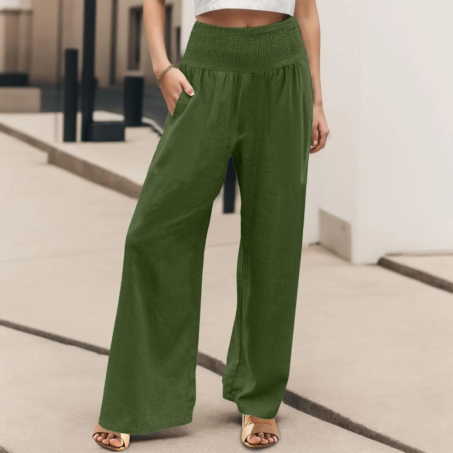 Women's Linen Palazzo Pants 2025 Summer Casual Loose Wide Leg Lounge Pants Beach Travel Vacation Outfits