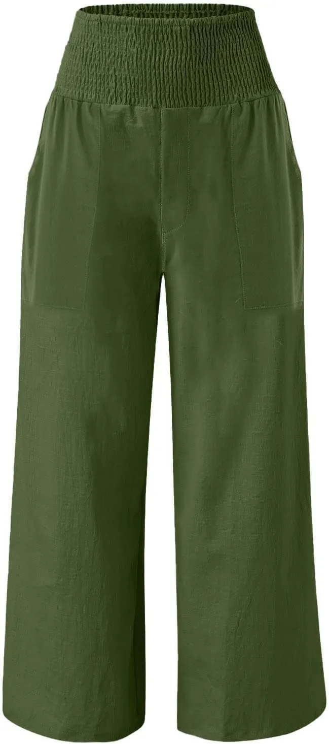 Women's Linen Palazzo Pants 2025 Summer Casual Loose Wide Leg Lounge Pants Beach Travel Vacation Outfits