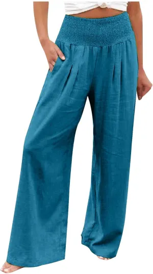 Womens Linen Palazzo Pants 2025 Summer Wide Leg Trouser High Waist Casual Lounge Pant Beach Travel Vacation Outfits
