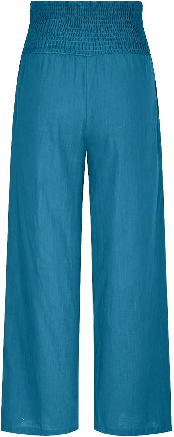 Womens Linen Palazzo Pants 2025 Summer Wide Leg Trouser High Waist Casual Lounge Pant Beach Travel Vacation Outfits
