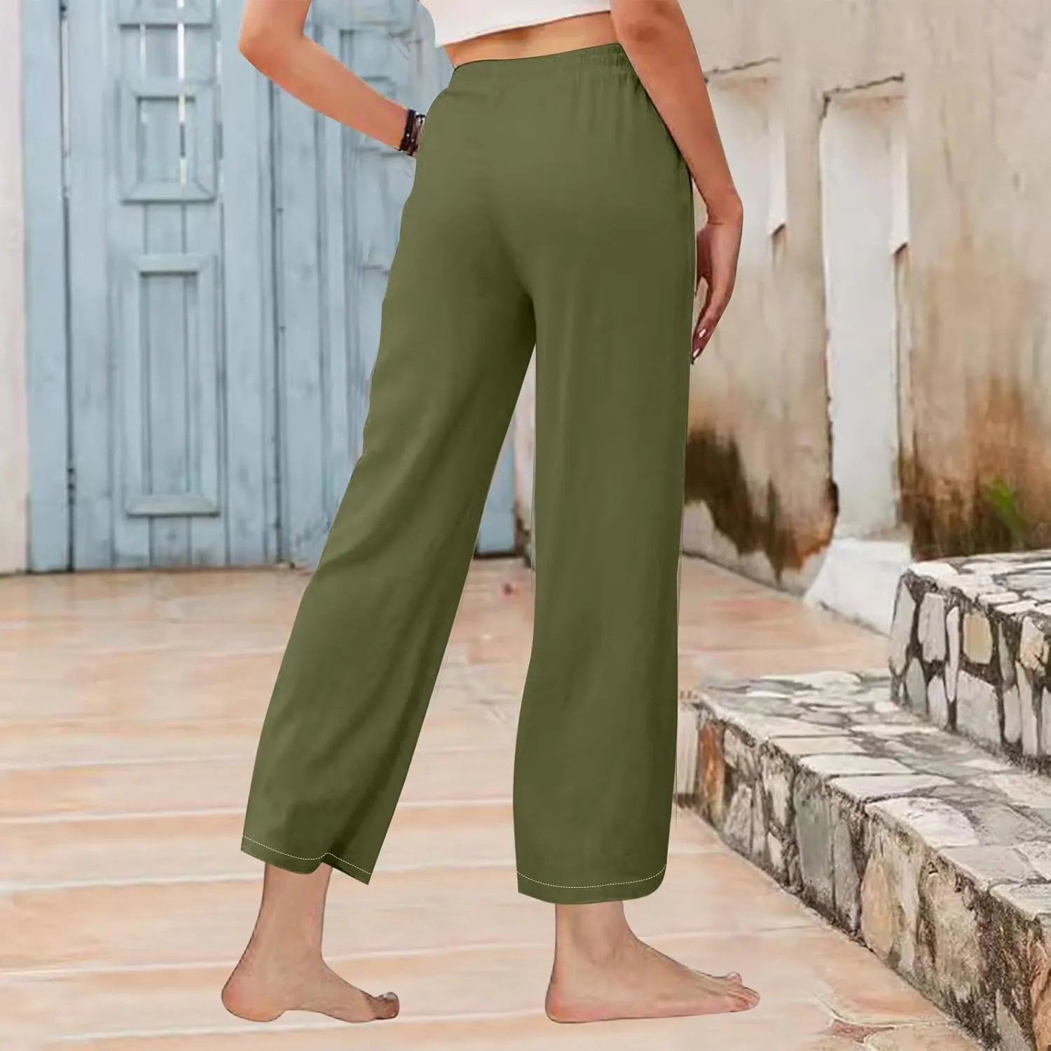 Women's Linen Palazzo Pants Summer 2025 High Waisted Drawstring Trousers Plus Size Trendy Lounge Pant with Pockets