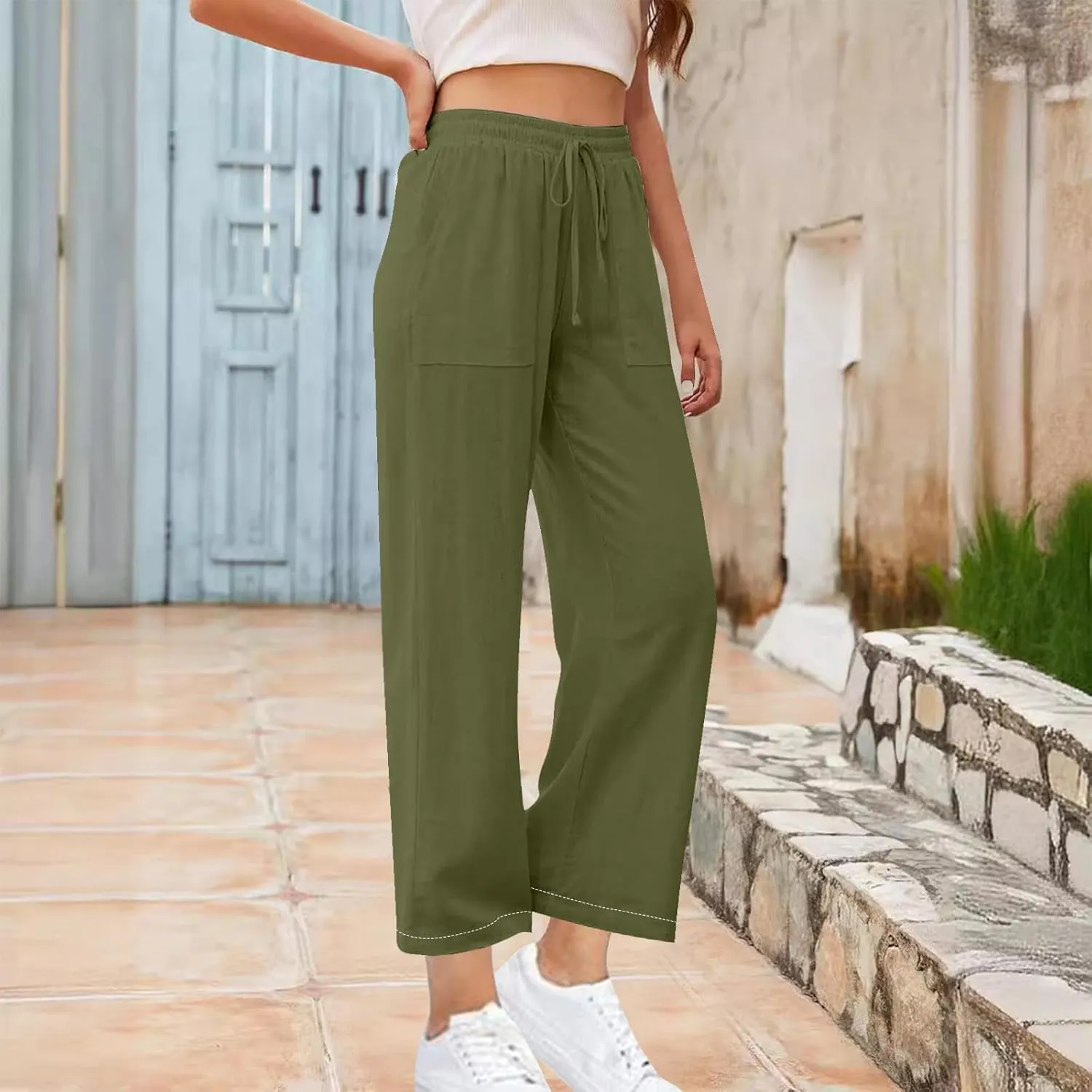 Women's Linen Palazzo Pants Summer 2025 High Waisted Drawstring Trousers Plus Size Trendy Lounge Pant with Pockets