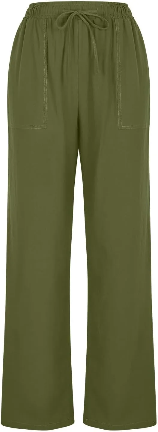 Women's Linen Palazzo Pants Summer 2025 High Waisted Drawstring Trousers Plus Size Trendy Lounge Pant with Pockets