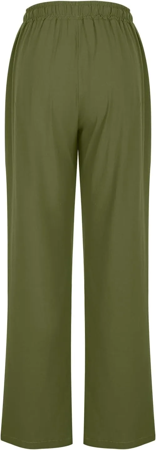 Women's Linen Palazzo Pants Summer 2025 High Waisted Drawstring Trousers Plus Size Trendy Lounge Pant with Pockets