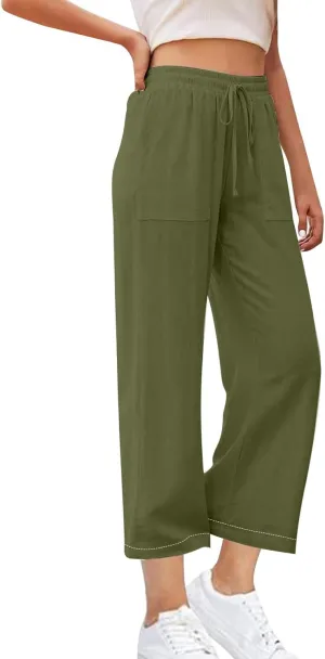 Women's Linen Palazzo Pants Summer 2025 High Waisted Drawstring Trousers Plus Size Trendy Lounge Pant with Pockets
