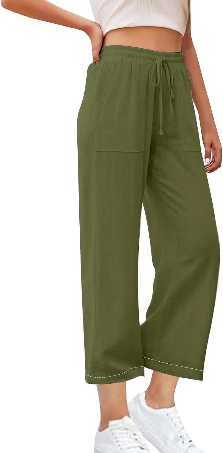 Women's Linen Palazzo Pants Summer 2025 High Waisted Drawstring Trousers Plus Size Trendy Lounge Pant with Pockets